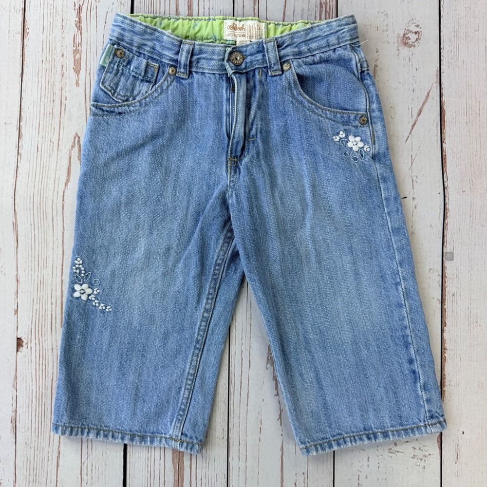 OshKosh Bgosh Girls Size 7 Light Wash Embroidered Floral Denim Jeans Adjustable